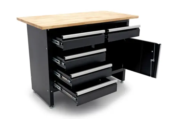 HBM Werkbank 120 cm mit 5 Schubladen und Tür, massive Holzarbeitsplatte, schwarz – Bild 4