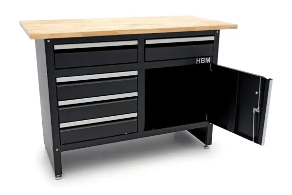 HBM Werkbank 120 cm mit 5 Schubladen und Tür, massive Holzarbeitsplatte, schwarz – Bild 5