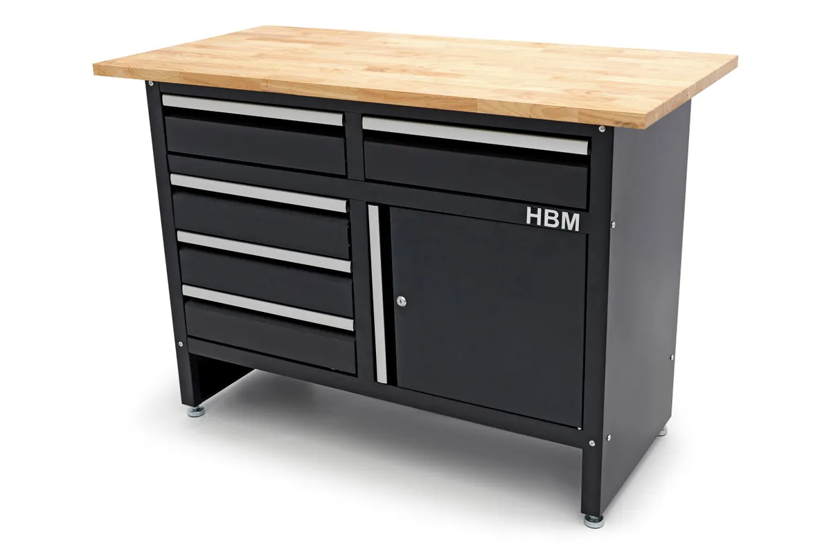 HBM Werkbank 120 cm mit 5 Schubladen und Tür, massive Holzarbeitsplatte, schwarz