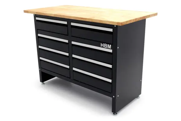 HBM Werkbank 120 cm mit 8 Schubladen, massive Holzarbeitsplatte, schwarz