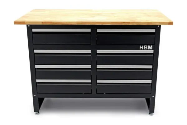 HBM Werkbank 120 cm mit 8 Schubladen, massive Holzarbeitsplatte, schwarz – Bild 2