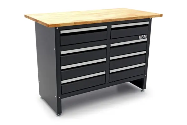 HBM Werkbank 120 cm mit 8 Schubladen, massive Holzarbeitsplatte, schwarz – Bild 3