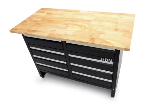 HBM Werkbank 120 cm mit 8 Schubladen, massive Holzarbeitsplatte, schwarz – Bild 4