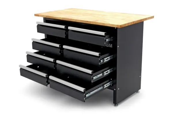 HBM Werkbank 120 cm mit 8 Schubladen, massive Holzarbeitsplatte, schwarz – Bild 5