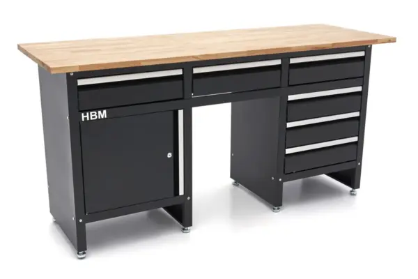 HBM Werkbank 171 cm mit 6 Schubladen und Tür, massive Holzarbeitsplatte, schwarz – Bild 2