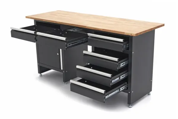 HBM Werkbank 171 cm mit 6 Schubladen und Tür, massive Holzarbeitsplatte, schwarz – Bild 4