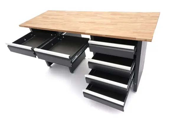 HBM Werkbank 171 cm mit 6 Schubladen und Tür, massive Holzarbeitsplatte, schwarz – Bild 5