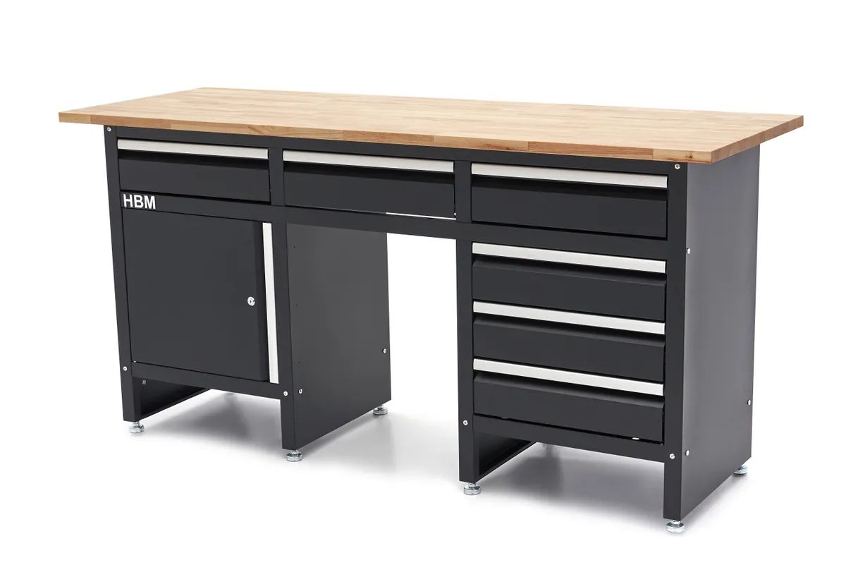 HBM Werkbank 171 cm mit 6 Schubladen und Tür, massive Holzarbeitsplatte, schwarz