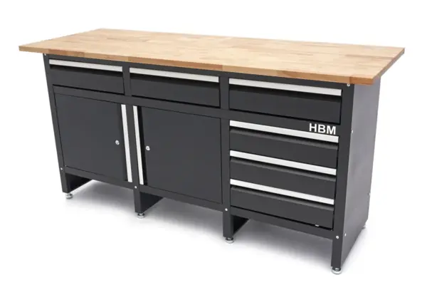 HBM Werkbank 171 cm mit 6 Schubladen und 2 Türen, massive Holzarbeitsplatte, schwarz