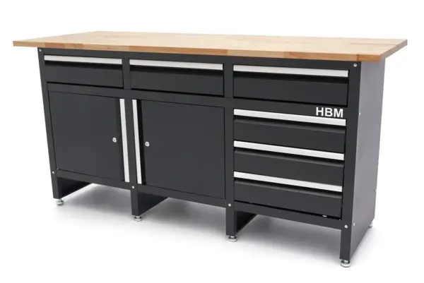 HBM Werkbank 171 cm mit 6 Schubladen und 2 Türen, massive Holzarbeitsplatte, schwarz – Bild 2