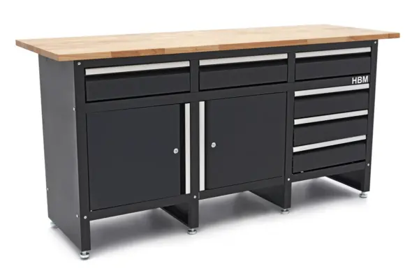 HBM Werkbank 171 cm mit 6 Schubladen und 2 Türen, massive Holzarbeitsplatte, schwarz – Bild 3