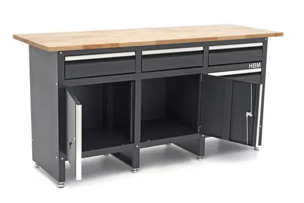 HBM Werkbank 171 cm mit 6 Schubladen und 2 Türen, massive Holzarbeitsplatte, schwarz – Bild 4