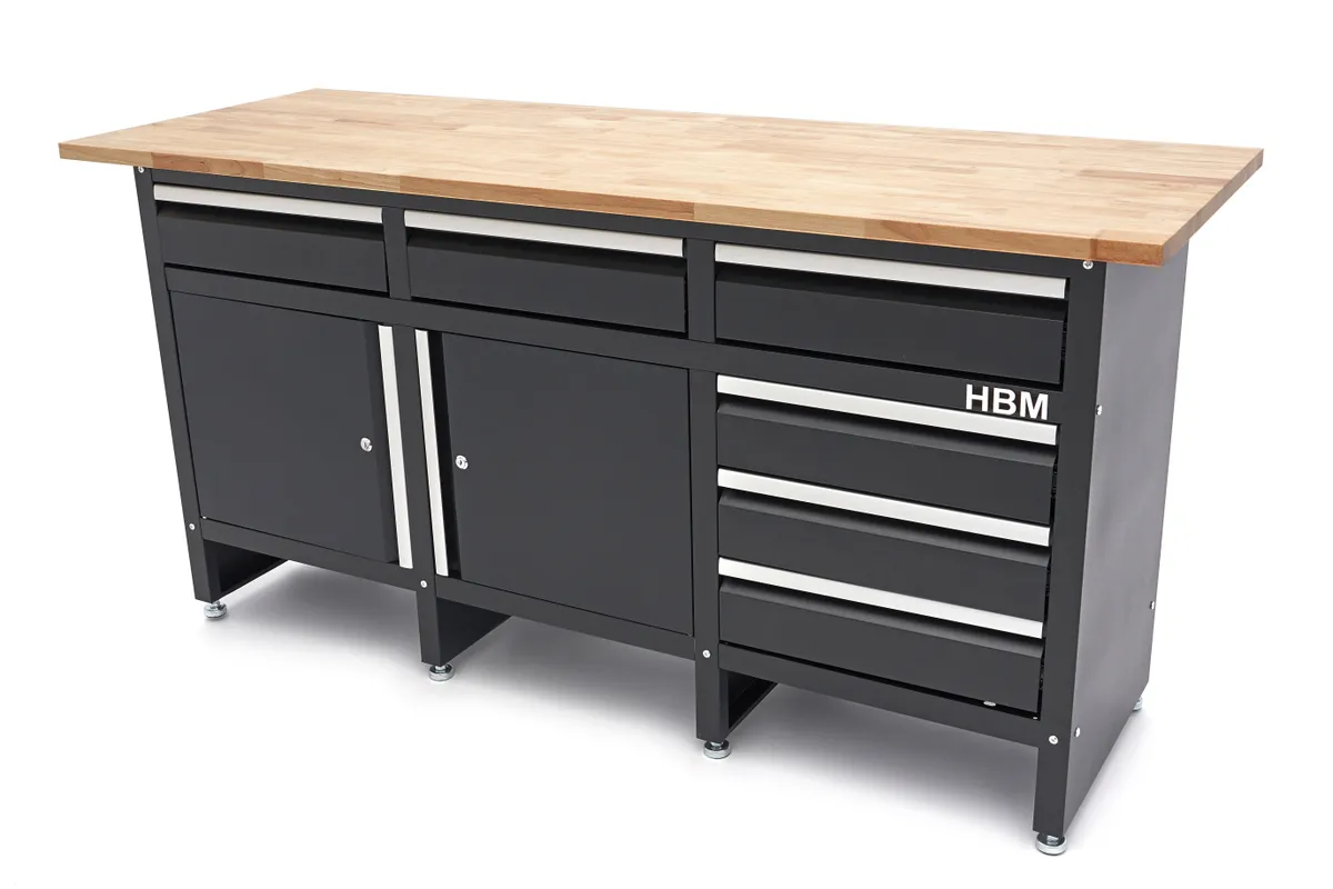 HBM Werkbank 171 cm mit 6 Schubladen und 2 Türen, massive Holzarbeitsplatte, schwarz