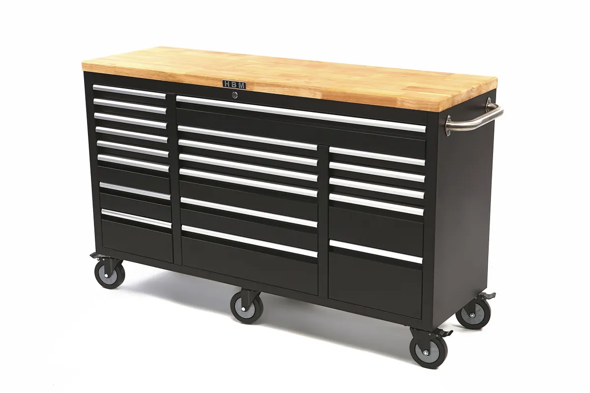 HBM mobiler Werkzeugwagen mit Holzarbeitsplatte, 146 cm, schwarz