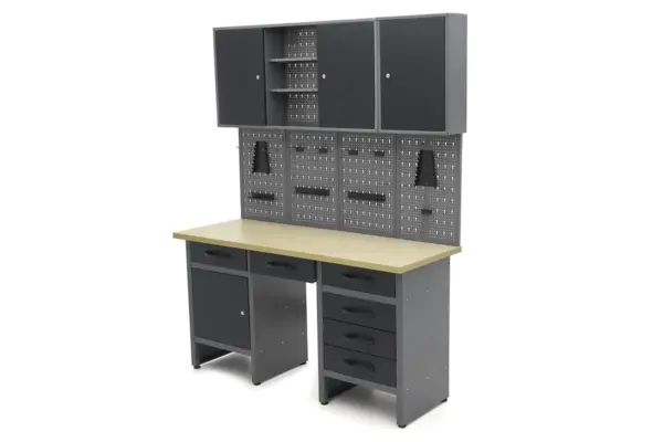 HBM Werkbank 160 cm mit 6 Schubladen, Schrankwand und Rückwand, schwarz, grau