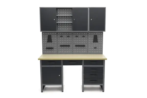 HBM Werkbank 160 cm mit 6 Schubladen, Schrankwand und Rückwand, schwarz, grau – Bild 3