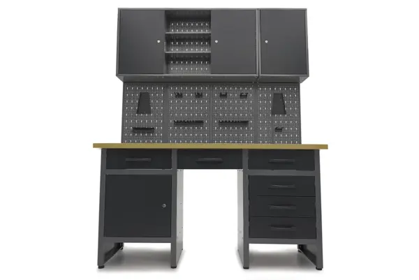HBM Werkbank 160 cm mit 6 Schubladen, Schrankwand und Rückwand, schwarz, grau – Bild 4