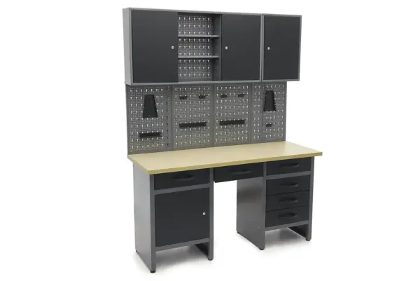 HBM Werkbank 160 cm mit 6 Schubladen, Schrankwand und Rückwand, schwarz, grau – Bild 5