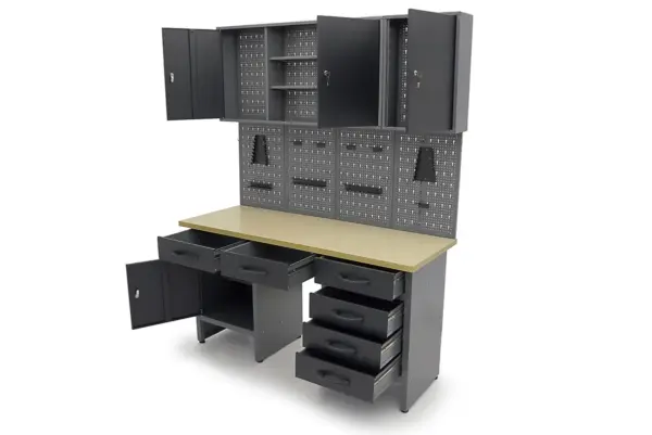 HBM Werkbank 160 cm mit 6 Schubladen, Schrankwand und Rückwand, schwarz, grau – Bild 6