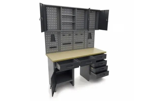 HBM Werkbank 160 cm mit 6 Schubladen, Schrankwand und Rückwand, schwarz, grau – Bild 7