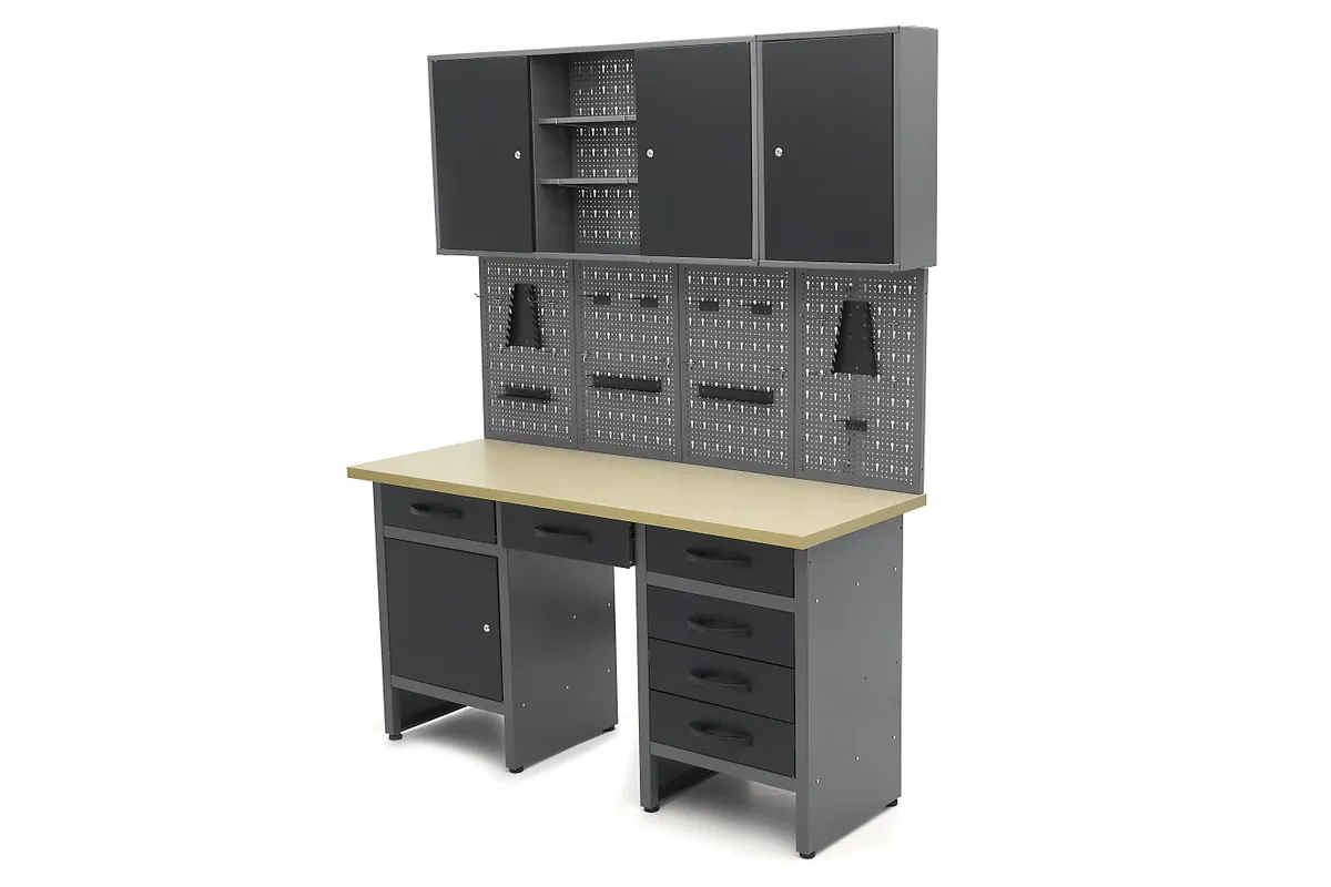 HBM Werkbank 160 cm mit 6 Schubladen, Schrankwand und Rückwand, schwarz, grau