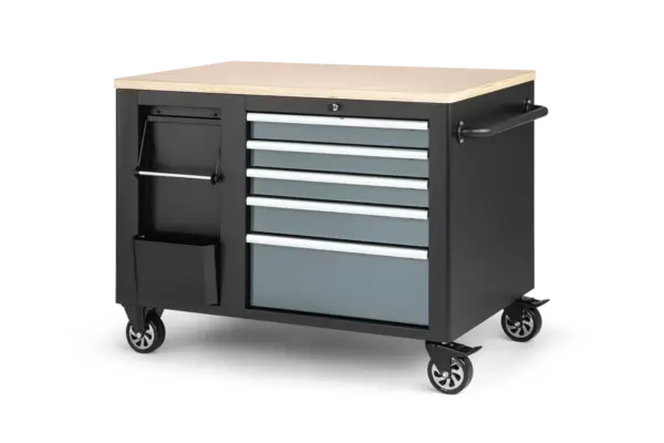HBM Werkzeugwagen, mobile Werkbank 114 cm mit Holzarbeitsplatte, Schwarz/Grau