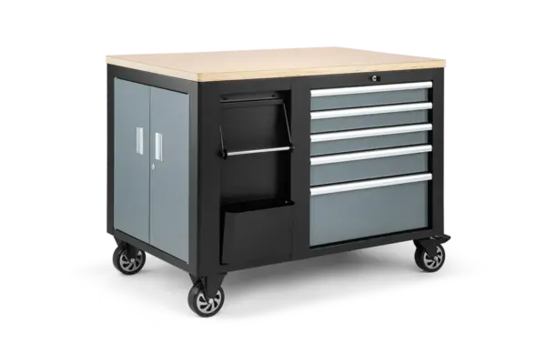 HBM Werkzeugwagen, mobile Werkbank 114 cm mit Holzarbeitsplatte, Schwarz/Grau – Bild 4