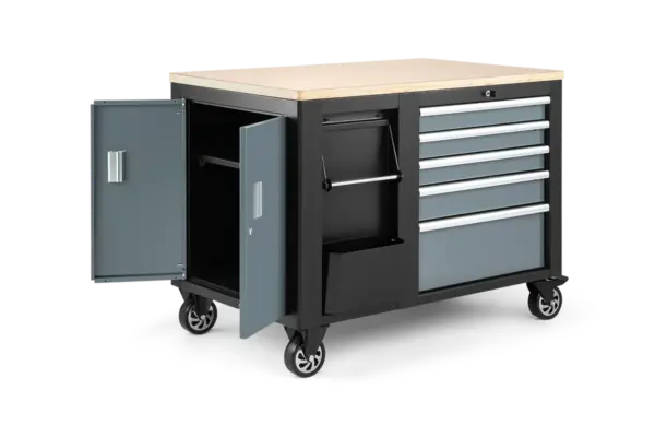 HBM Werkzeugwagen, mobile Werkbank 114 cm mit Holzarbeitsplatte, Schwarz/Grau – Bild 6