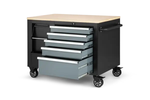 HBM Werkzeugwagen, mobile Werkbank 114 cm mit Holzarbeitsplatte, Schwarz/Grau – Bild 7