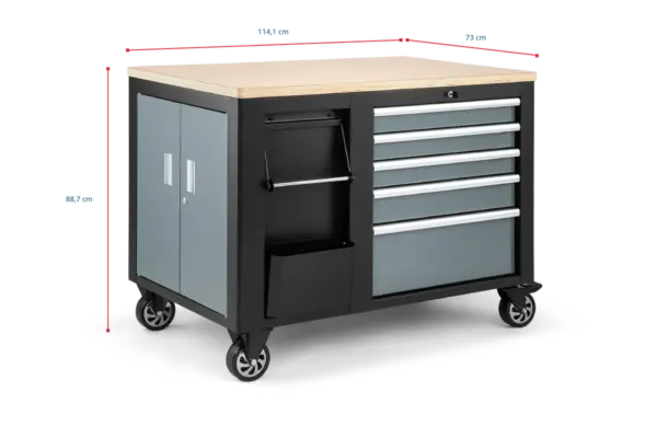 HBM Werkzeugwagen, mobile Werkbank 114 cm mit Holzarbeitsplatte, Schwarz/Grau – Bild 8