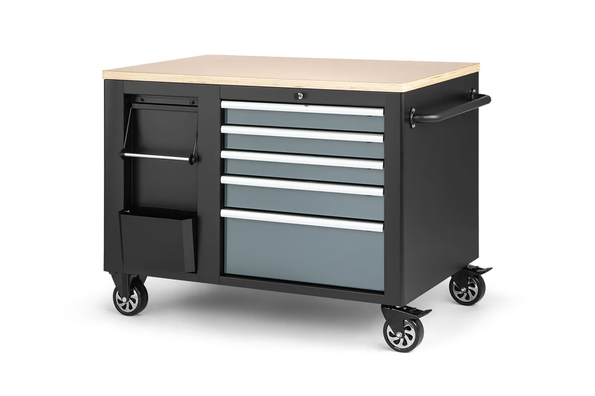 HBM Werkzeugwagen, mobile Werkbank 114 cm mit Holzarbeitsplatte, Schwarz/Grau