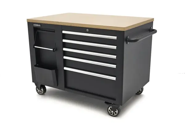 HBM Werkzeugwagen, mobile Werkbank 114 cm mit Holzarbeitsplatte, schwarz