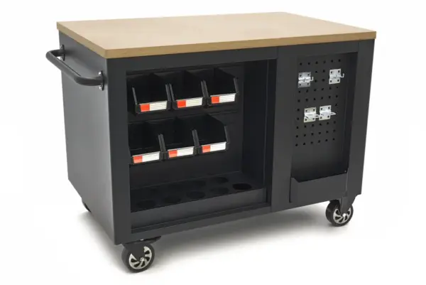 HBM Werkzeugwagen, mobile Werkbank 114 cm mit Holzarbeitsplatte, schwarz – Bild 2