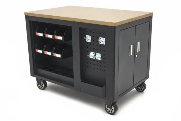 HBM Werkzeugwagen, mobile Werkbank 114 cm mit Holzarbeitsplatte, schwarz – Bild 3