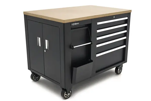 HBM Werkzeugwagen, mobile Werkbank 114 cm mit Holzarbeitsplatte, schwarz – Bild 4