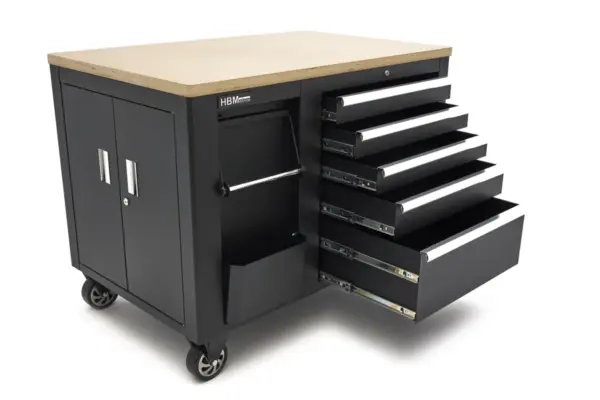 HBM Werkzeugwagen, mobile Werkbank 114 cm mit Holzarbeitsplatte, schwarz – Bild 5