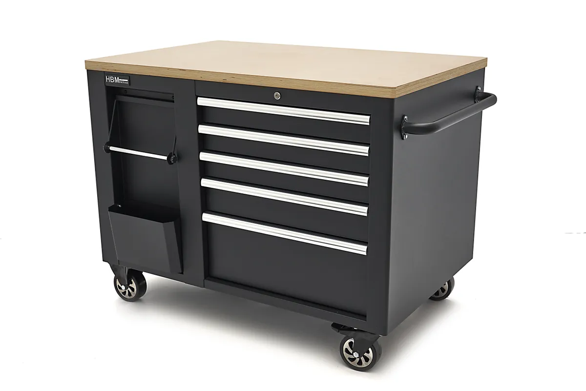 HBM Werkzeugwagen, mobile Werkbank 114 cm mit Holzarbeitsplatte, schwarz
