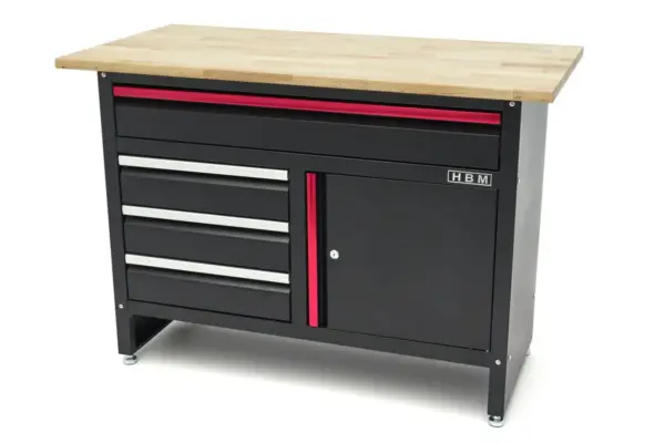 HBM Werkbank 120 cm mit 4 Schubladen, 1 Tür und Holzplatte - Schwarz
