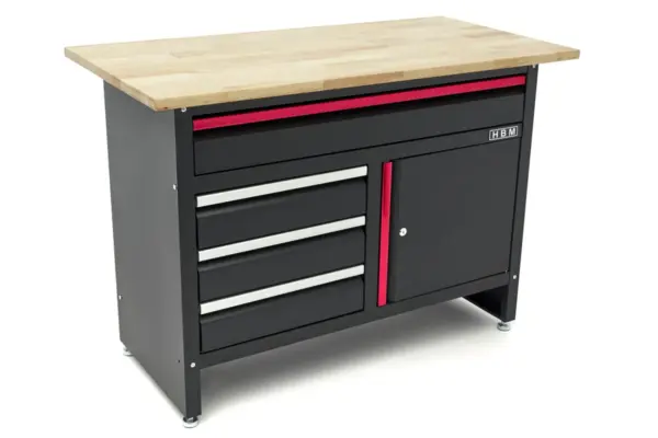 HBM Werkbank 120 cm mit 4 Schubladen, 1 Tür und Holzplatte - Schwarz – Bild 2
