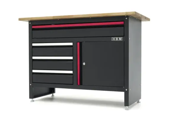 HBM Werkbank 120 cm mit 4 Schubladen, 1 Tür und Holzplatte - Schwarz – Bild 3