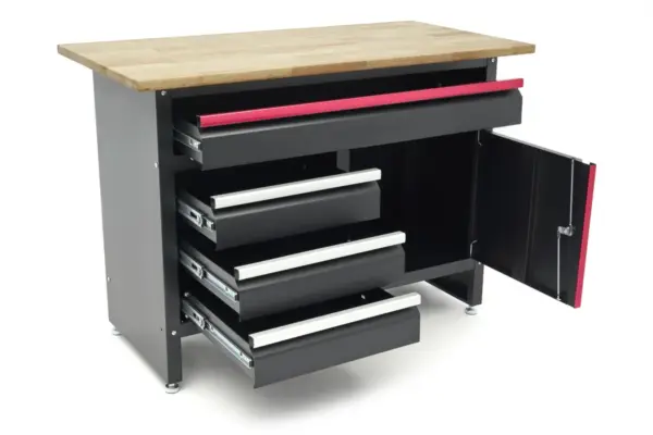 HBM Werkbank 120 cm mit 4 Schubladen, 1 Tür und Holzplatte - Schwarz – Bild 5