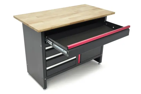 HBM Werkbank 120 cm mit 4 Schubladen, 1 Tür und Holzplatte – Schwarz – Bild 7