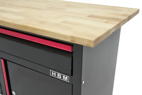 HBM Werkbank 120 cm mit 4 Schubladen, 1 Tür und Holzplatte – Schwarz – Bild 8