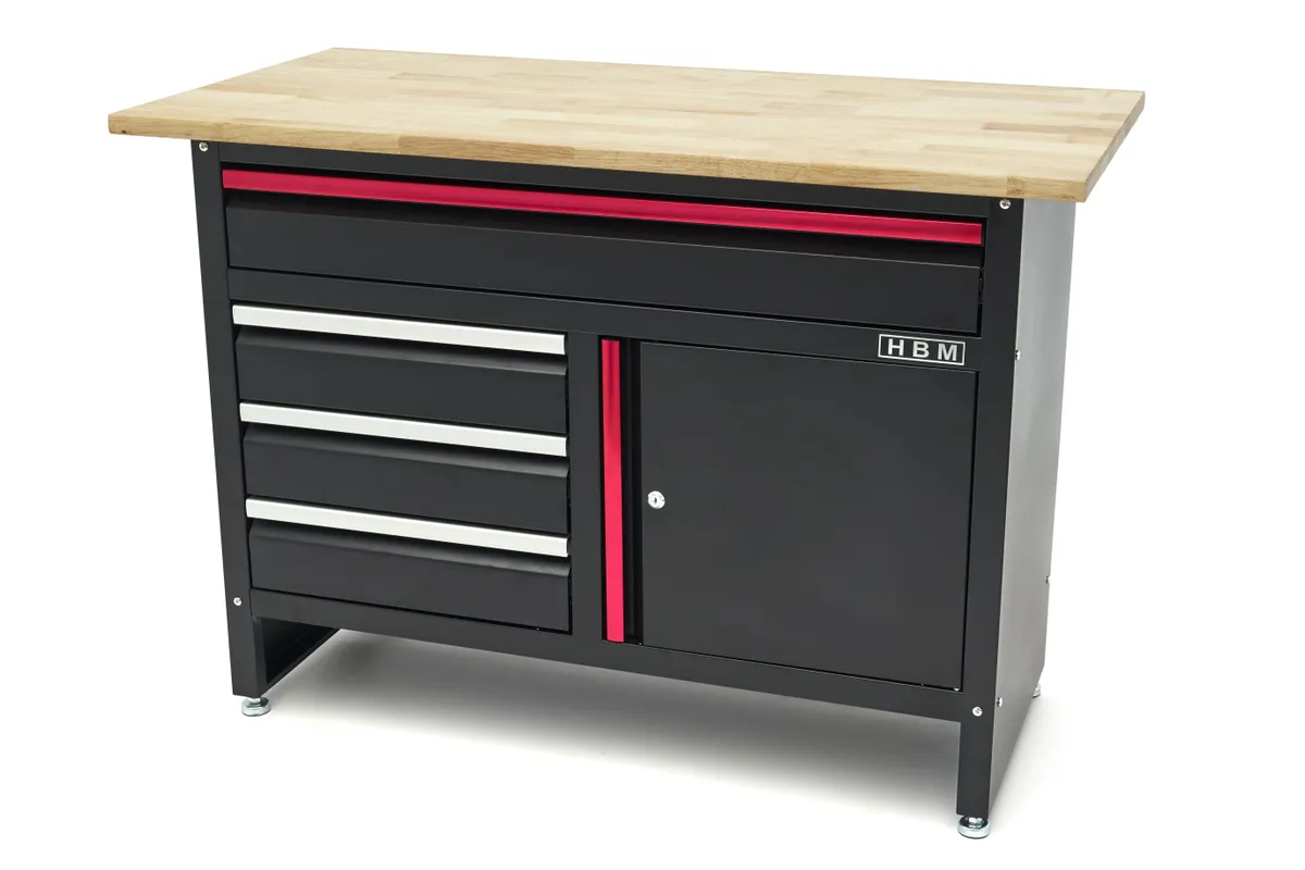 HBM Werkbank 120 cm mit 4 Schubladen, 1 Tür und Holzplatte - Schwarz
