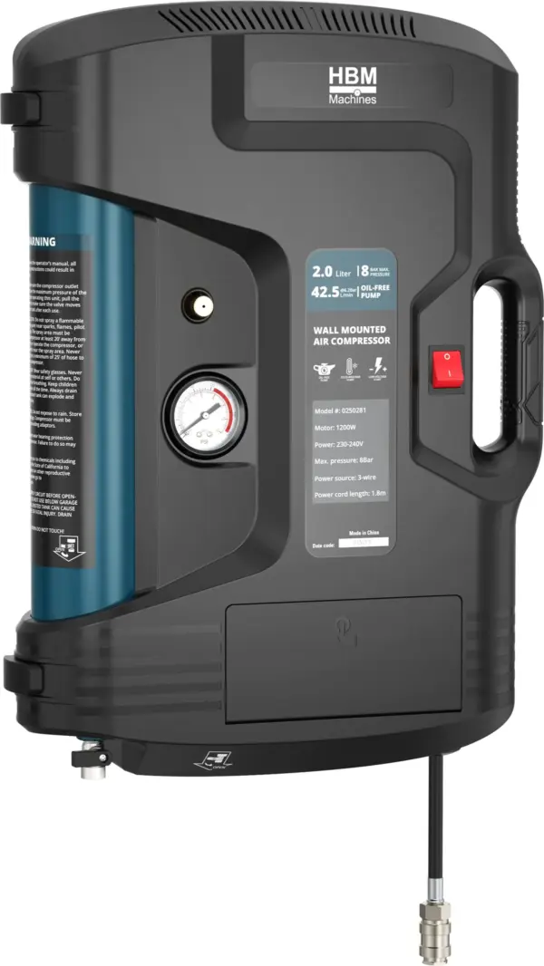 HBM Wand- und tragbarer ölfreier Kompressor, 2 Liter, 8 Bar, 1,2 PS – Bild 2
