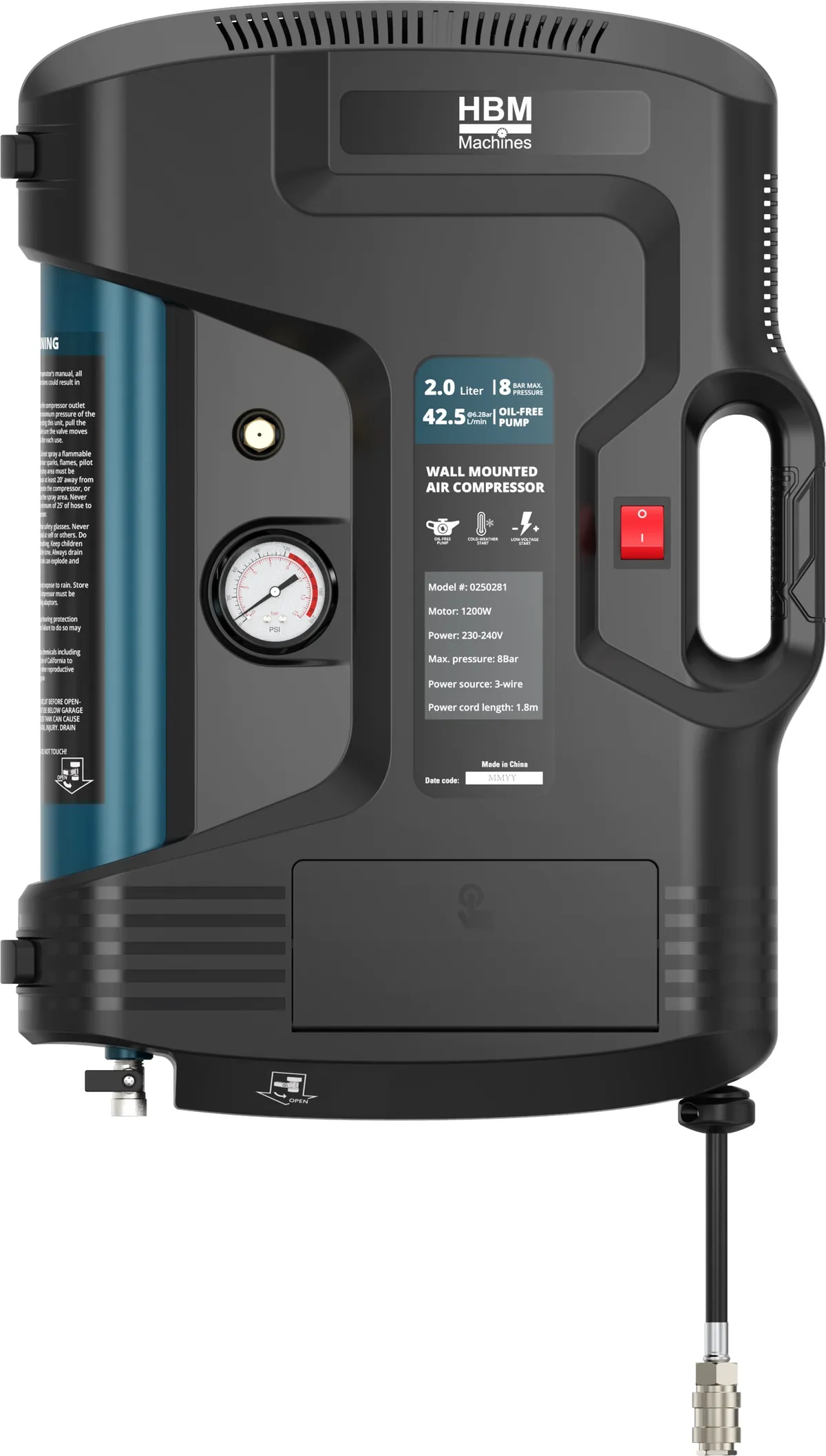 HBM Wand- und tragbarer ölfreier Kompressor, 2 Liter, 8 Bar, 1,2 PS