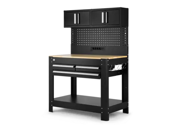 HBM Werkbank 114 cm mit 3 Schubladen, Schrankwand und Rückwand, schwarz
