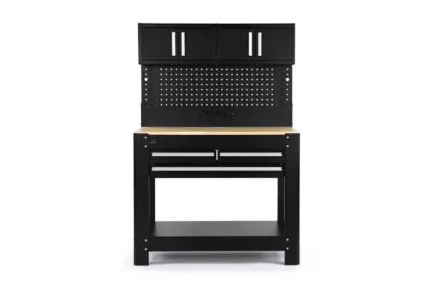 HBM Werkbank 114 cm mit 3 Schubladen, Schrankwand und Rückwand, schwarz – Bild 2