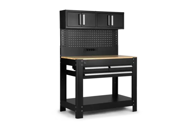 HBM Werkbank 114 cm mit 3 Schubladen, Schrankwand und Rückwand, schwarz – Bild 3