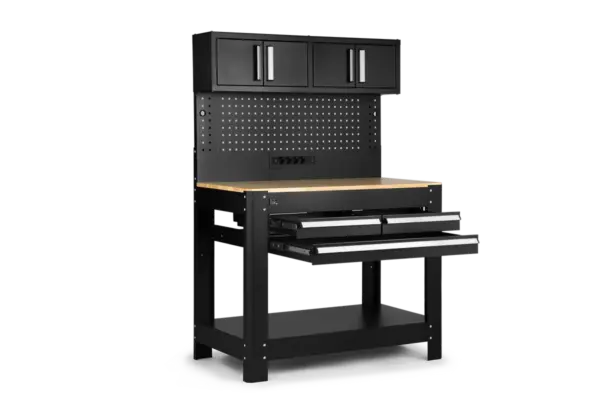 HBM Werkbank 114 cm mit 3 Schubladen, Schrankwand und Rückwand, schwarz – Bild 4